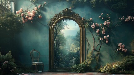 A surreal green room with a large mirror and a chair