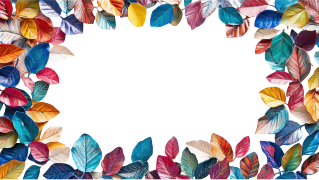 Colorful Leaf Cluster Frame, vibrant multi-colored leaves form a square pattern against a clean white backdrop, showcasing nature's artistry.