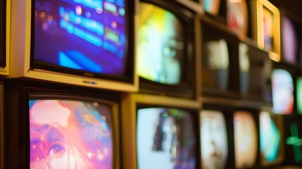 A collection of vintage televisions displaying colorful and abstract images in a gallery setting.