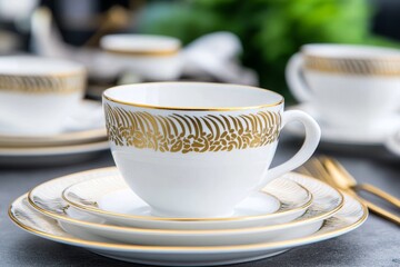 Fototapeta premium Elegant Gold Trim Teacup Set - Luxury tea set, gold detailing, porcelain, classic design, afternoon tea.