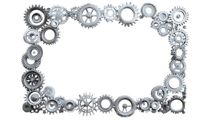 Silver Gear Square Frame, intricate arrangement of silver gears forming a square design against a clean white backdrop, modern industrial aesthetic