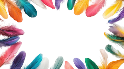 Colorful Feather Mosaic Frame, vibrant small feathers meticulously arranged in a square pattern, set against a clean white backdrop.