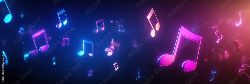 Fototapete Colorful 3D music notes floating in vibrant light display create a dynamic atmosphere in digital art. Generative AI