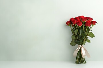 Obraz premium bundle of small red roses tied with satin ribbon resting elegantly on white surface with gentle lighting