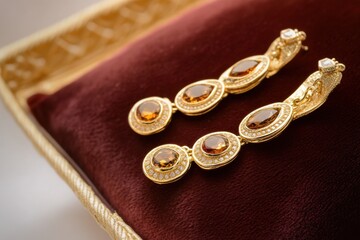 Elegant gold earrings with amber gemstones displayed on a plush velvet cushion.