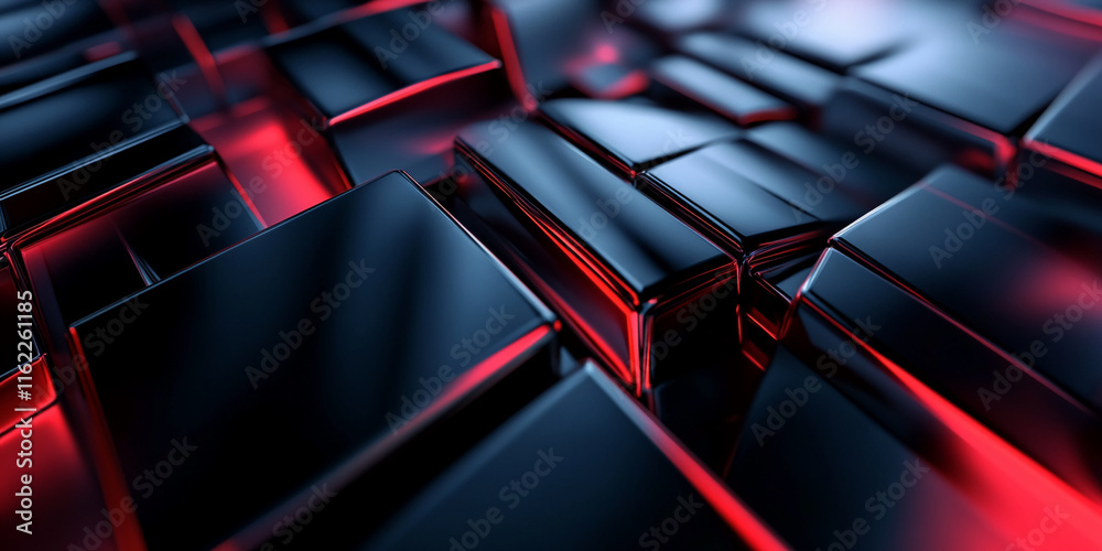 Poster Abstract Red and Black 3D Geometric Pattern with Glossy Reflective Surfaces