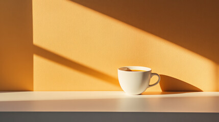 Obraz premium White coffee cup casting shadows against bright yellow wall with warm sunlight
