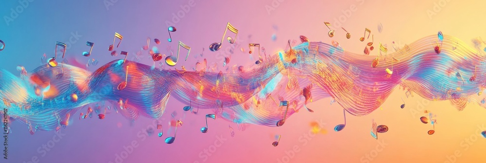 Poster 3D rendering of vibrant music notes flowing through colorful waves in a dynamic digital composition. Generative AI