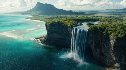Aerial view of a stunning waterfall cascading into the ocean.