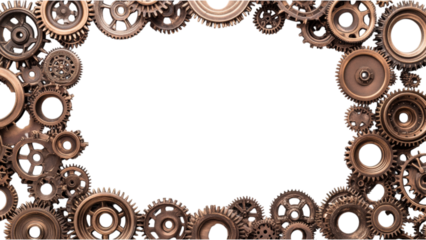 Bronze Gear Cluster Frame, square arrangement of intricate bronze gears on a white backdrop, showcasing industrial elegance and craftsmanship