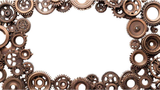 Bronze Gear Cluster Frame, square arrangement of intricate bronze gears on a white backdrop, showcasing industrial elegance and craftsmanship