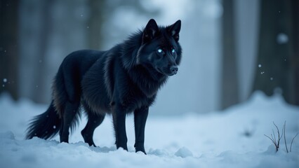 Fototapeta premium Majestic black wolf standing in a snowy forest at dusk