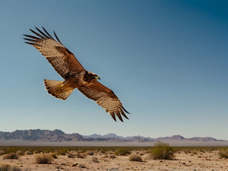 Naklejka premium Summer Birds of Prey Soaring Over Drylands: A lone hawk soaring high above a barren, sunlit desert expanse, scanning the arid ground below for prey under the summer sky.