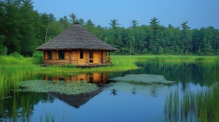 Fototapeta premium A serene wooden cabin by a tranquil pond surrounded by lush greenery and reflections.