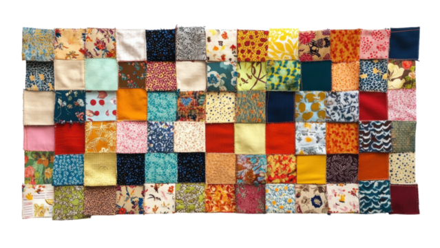 Fabric Mosaic Display, vibrant squares meticulously arranged in a square frame, set against a clean white backdrop, showcases textile artistry.