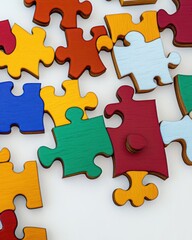 Fototapeta premium Colorful puzzle pieces scattered on a white surface, inviting creativity and problem-solving.