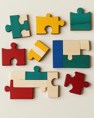Fototapeta premium Colorful wooden puzzle pieces scattered playfully on a light background.