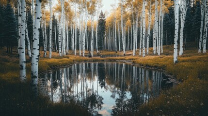 Aspen Trees Reflecting In Calm Autumn Pond