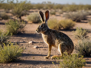 Agile Jackrabbits Darting Through Sunlit Plains: A swift jackrabbit darting through patches of dry shrubs, navigating the heat and arid terrain of a summer desert.
