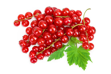 Red currant berries isolated on white background. Top view. Flat lay