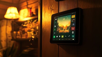 Smart Home Control Tablet Mounted On Wooden Wall