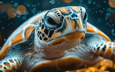 Close-up of a sea turtle underwater, detailed textured shell and face.