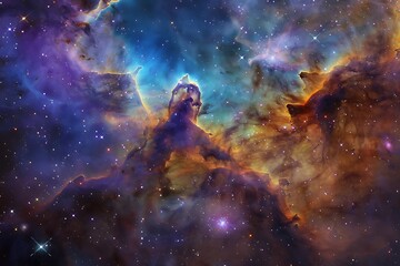 Obraz premium Nebula with stars and galaxies, vibrant colors in a hyper realistic, fantasy art style, high definition and high quality.