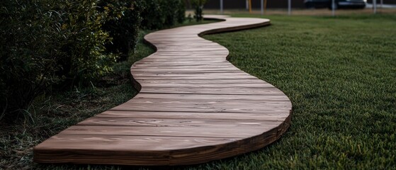 Obraz premium Winding Wooden Walkway Path in Lush Green Garden
