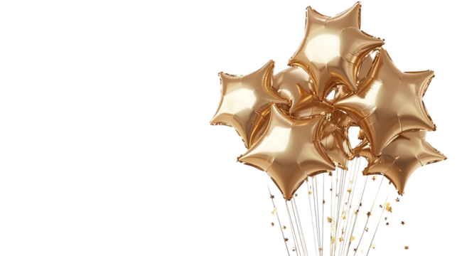 A cluster of gold star-shaped balloons on a light background - Powered by Adobe
