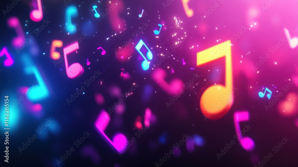 Poster Colorful 3D music notes floating against a vibrant background with glowing effects. Generative AI