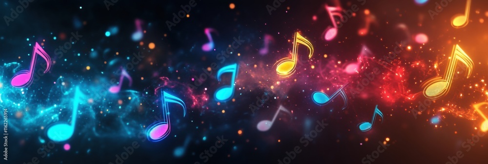 Aufkleber Vibrant 3D music notes floating in a colorful cosmic background with glowing effects in a dynamic visual display. Generative AI