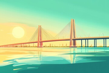 Fototapeta premium A vibrant sunset view of a suspension bridge reflecting on calm waters, evoking tranquility and wonder.