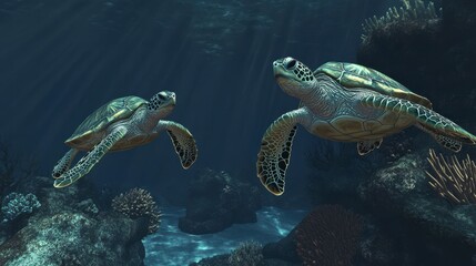 Turtles Moving Gracefully in Marine Coral Reef