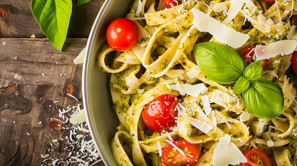A delicious bowl of pasta with pesto, cherry tomatoes, and fresh basil.