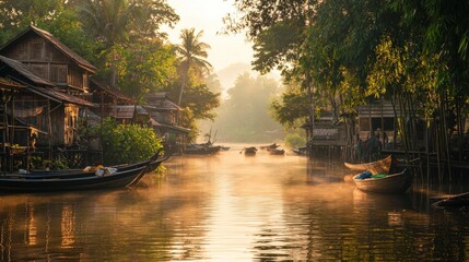 Fototapeta premium Serene riverside village at sunrise with misty waters.