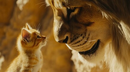 Fototapeta premium Curious kitten gazing up at a majestic lion, symbolizing innocence meeting power. The scene blends charm of youthful curiosity with awe inspiring presence of strength and authority.