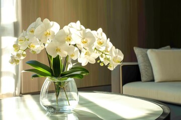 Elegant white orchids in a glass vase create a serene atmosphere in a cozy, well-lit living space.