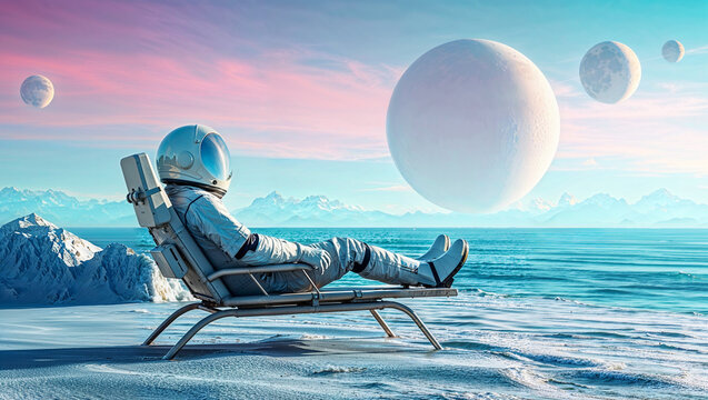 A man in space clothing made of a thin material of new technology sits in a metellic chaise lounge. The astronaut is relaxing and enjoying the futuristic view of the seascape and huge planets.