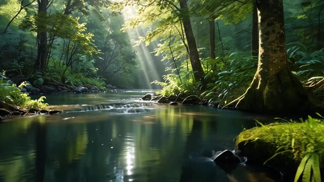 A clear river in the forest in the morning sunlight