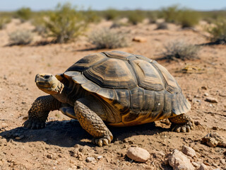 Obraz premium Burrowing Desert Tortoises Sheltering from the Heat: A desert tortoise was walking back into its burrow surrounded by arid soil and sparse vegetation demonstrating its survival tactics in summer heat.