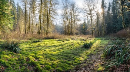Fototapeta premium Sunlit Mossy Forest Floor Path Scene