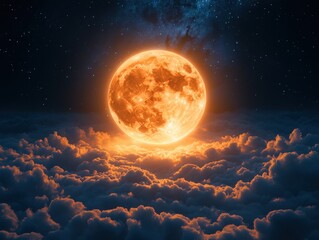 Large orange full moon shining brightly over a sea of clouds at night.