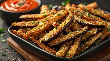 Crispy Bite-sized Savory, Bite-sized Crispy Eggplant Fries with Tangy Tomato Dip
