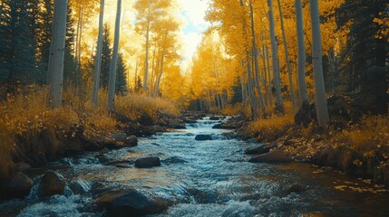 Fototapeta premium Golden Aspen Trees Line a Rocky Stream
