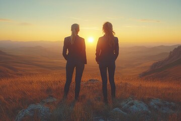 Dramatic silhouette image of business professionals in formal attire on mountaintop at sunrise sunset, marking achievement of new professional heights business goal success.