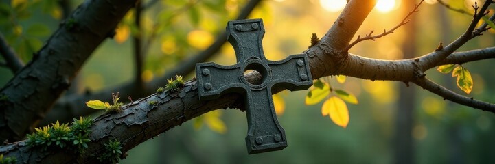 Ash cross shape formed by branches on a tree branch, trees, forest