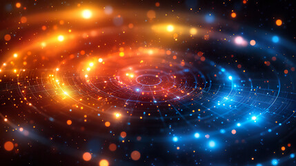 Fototapeta premium Concentric circles of light in orange and blue tones, with floating luminous particles creating a futuristic and dynamic effect. Generated with AI.