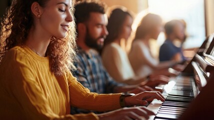 Young Woman Playing Piano in a Group Lesson