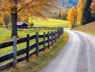 Fototapeta premium Country Road With Wooden Fence