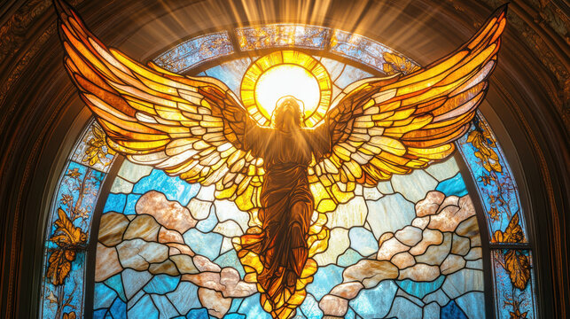 A stained glass artwork of a radiant angel ascending, golden hues illuminating the intricate wings, surrounded by celestial motifs of stars and clouds - Powered by Adobe